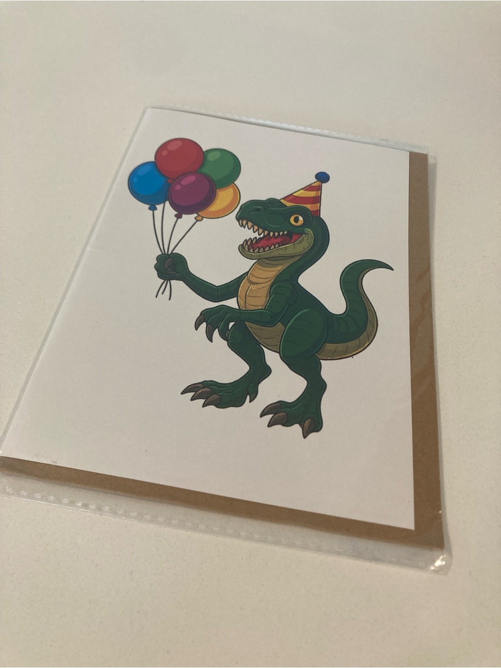 Birthday T-Rex Greeting Card - Green Dinosaur with Colorful Balloons